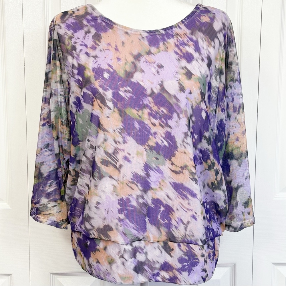 Chico's Purple Multi Print Sheer Mesh Dolman 3/4 Sleeve Blouse Top Large